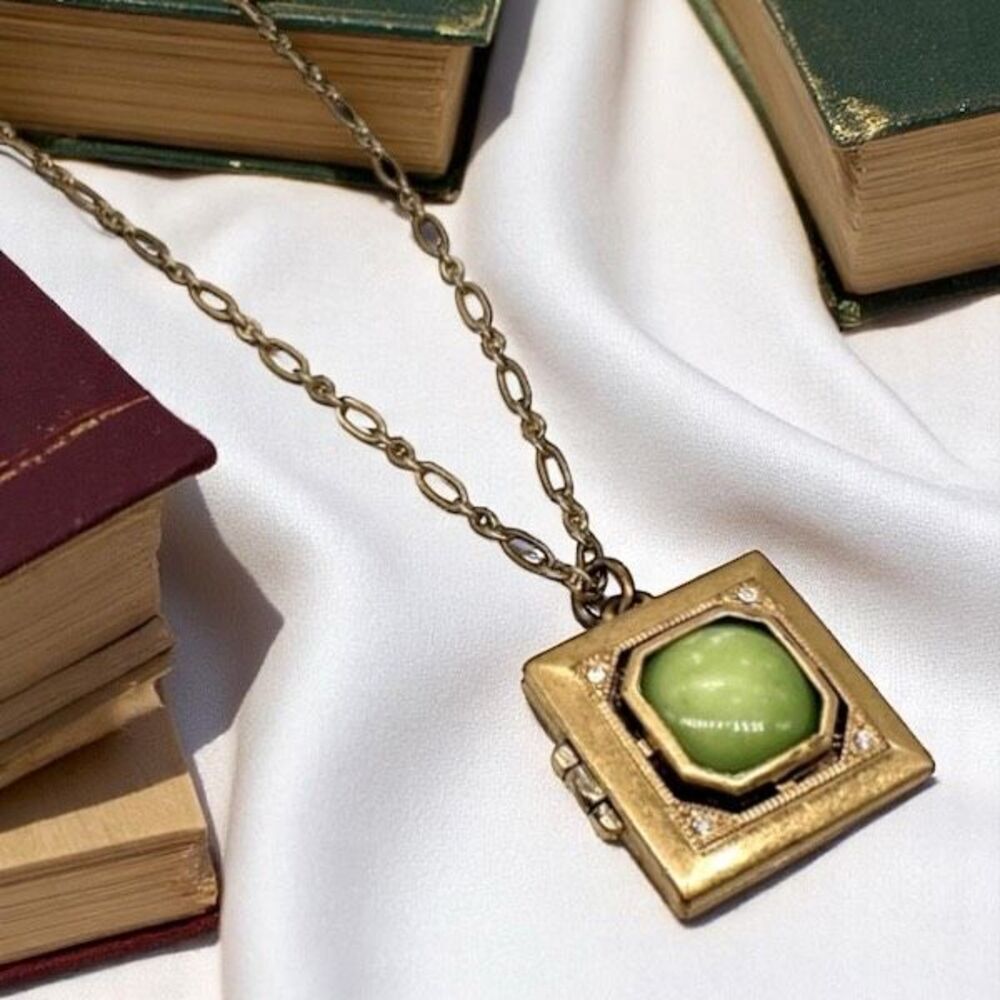 J. Crew Antiqued Gold Chain Square‎ Locket Necklace Green Stone Jade Serpentine